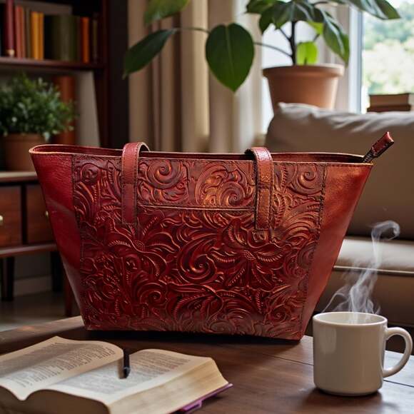 Patricia Nash Handbags - Patricia Nash Tooled Leather Cutout Adeline Tote Shoulder Bag Papaya Red